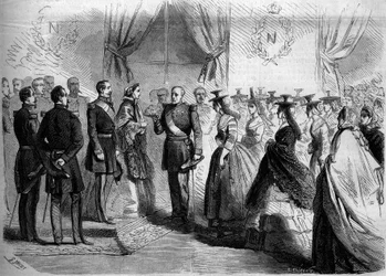 Presentation to Napoleon III (1808-1873) and to the Empress Eugenie (1826-1920) of twelve Maconnaises in country costume. Macon, Saone and Loire (71)
