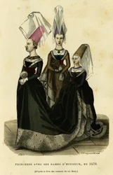 Princess with her ladies of honor, around 1470. Colour engraving after the book of the tournaments of the King Rene, in France et les francais a travers les siecles by Augustin Challamel, F.Roy editor, Paris 1882. Selva Collection.