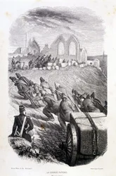 Prisoners pulling stone blocks from quarry, 