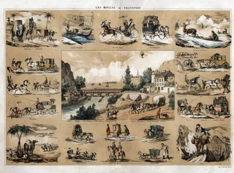 Progress and technical development of transport, a board illustrating the evolution of the means of transport, at the centre stage revolving around a river throwing into the sea, hauling, a train passing on a bridge, boats on the sea, a donkey, a balloon