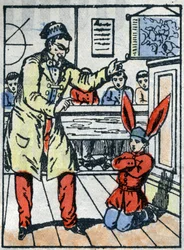 Punishment at School: Pupil Punished with a Donkey Cap for Talking to His Comrades. Épinal Print from the End of the 19th Century.