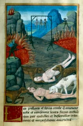 Punishment reserved for thieves and looters in Hell, they are hanged, burned and devoured by dogs. Miniature from Le Tresor de Sapience by Jean Gerson. 15th century Chantilly, Musee Conde