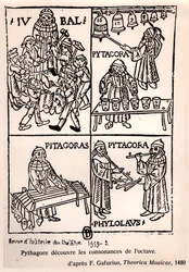Pythagoras (c.580-500 BC) discovering the consonances of the octave, from Theorica Musicae by Franchino Gaffurio, first published in 1480, from Revue de l