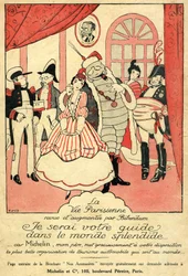 Recall 1914 for the Michelin tire. La Vie Parisienne reviewed and augmented by Bibendum: “I will be your guide in the splendid world, because Michelin my father gives you the most beautiful car tourism organization in the world.” On the wall, a frame with