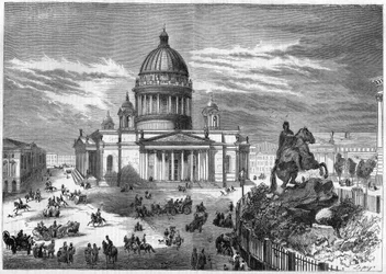 Religious architecture: view of the Orthodox Church of Saint Isaac (1819-1858) in Saint Petersburg (Saint Petersburg) in Russia, built according to the plans of architect Ricard de Montferrand (1786-1858). On the right is the equestrian statue of Peter the