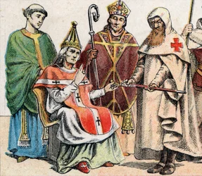 Religious costumes in the Middle Ages: from left to right, a priest of the 10th century, a pope in the 11th century, a bishop with a mitre and crozier of the 12th century, and a member of the Order of Hospitallers, the Order of St. John of Jerusalem
