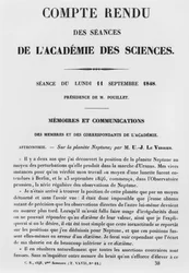 Report of the sessions at the Academie des Sciences by Jean Joseph Le Verrier on the planet Neptune, 11th September 1848