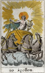 Representation of Apollo, god of singing, music and poetry, on his chariot (Apollo, God of light, music, poetry). From “Mythology of Youth” by Pierre Blanchard, 1803.