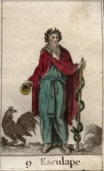 Representation of Asclepios, god of Medicine; he holds in his hand a rod of Asclepios, a pilgrim