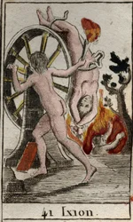 Representation of Ixion, punished by the gods, condemned to be chained to a burning wheel that turns endlessly. From “Mythology of Youth” by Pierre Blanchard 1803.