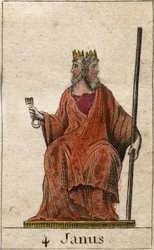 Representation of Janus, deity of beginnings and passages, represented with two faces (Janus, or Ianus, is the god of gates, doors, beginnings and endings, represented with two faces and a key). From 