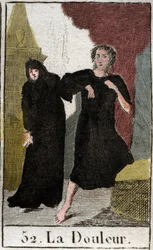 Representation of Pain, personified as a woman dressed in black moving in the darkness, armed with a dagger. From “Mythologie de la jeunesse” by Pierre Blanchard, 180