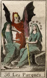 Representation of Parcae, Clotho, Lachesis and Atropos, deities of human destiny, from birth to death, as very old women spinning. From 