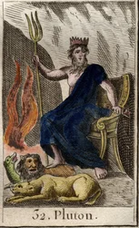 Representation of Pluto, god of the Underworld, with Cerberus, the three-headed dog and guardian of the Underworld, at his feet. (Pluto, god of Hell with Cerberus, the three-headed dog). From “Mythology of Youth” by Pierre Blanchard, 1803.
