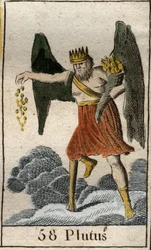 Representation of Plutus (Ploutos), god of wealth: He is crowned and blind, and throws gifts at random. From “Mythology of Youth” by Pierre Blanchard, 1803.