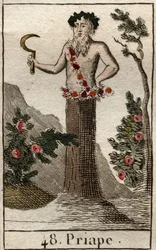 Representation of Priapus, god of libertinage and fertility, often represented with a giant erect penis, holding a sickle. From “Mythology of Youth” by Pierre Blanchard 1803.