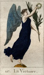 Representation of Victory, winged woman holding an olive branch and a wreath of laurels. From 
