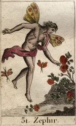 Representation of Zephyr, personification of the west wind. (Zephyrus or Zephyr, personification of the west wind). From “Mythology of Youth” by Pierre Blanchard, 1803