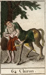 Representation of the centaur Chiron, half man, half horse, master of archery, teaching this art to Achilles. From “Mythology of”