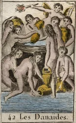 Representation of the Danaides, daughters of King Danaos, condemned to the Underworld, endlessly filling a bottomless barrel, for killing their cousins and husbands. From “Mythology of Youth” by Pierre Blanchard 1803