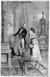 Representation of the Tosca, drama by Victorian Sardou at the Theatre de la Porte Saint Martin in 1887. Here Act 1, the Church of St. Andrea with Dumeny and Henriette Rosine Bernard called Sarah Bernhardt