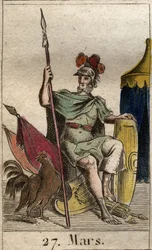 Representation of the god of war Mars, armed, near a rooster. From 