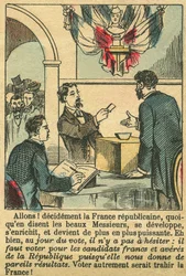 Republican France deserved the vote of the French. Engraving, in Le Figaro, supplement, on 30/03/1889, Paris. Coll. Selva.