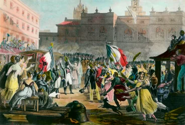 Return of Napoleon Bonaparte (1769-1821) from Elba Island to Grenoble in March 1815. Engraving Around 1815 Private Collection