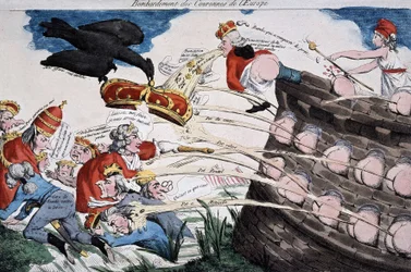 Revolutionaries guided by Marianne bombarding European sovereigns with their crap. Cartoon published during the French Revolution period. Etching. 1792. Musée Carnavalet