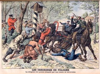 Revolutionary in Poland - Terrorists attacking a mail coach in Poland. Illustration for Le Petit Journal