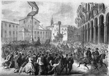 Risorgimento - Annexation of Venetia to Italy - 1866: entry of the Italian king Victor Emmanuel II to Rovigo. Engraving in 