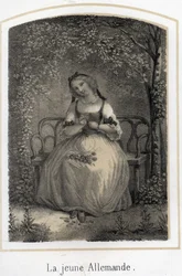 Romanticism: a young German woman sitting on a bench stripping a daisy thinking of her lover. Anonymous engraving of the 19th century