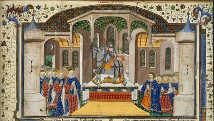King Henry VI and Knights Grouped Round an Altar, which is Surmounted by St. George and the Dragon, from the Shrewsbury Talbot Book of Romances, Rouen, c.1445