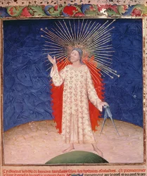 God surrounded by fire with a pair of compasses, from the Bible Historiale by Guyart des Moulins, c.1411