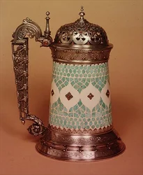 Rudolfi tankard with ivory body inlaid with turquoises, mounted in silver and set with rubies, Paris, c.1855