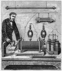 Ruhmkorff inductor - The induction coil by Ruhmkorff (Heinrich Daniel Ruhmkorff) - Engraving in Sciences made available to everyone - physics and chemistry by Alexis Clerc - End 19th century - Private collection