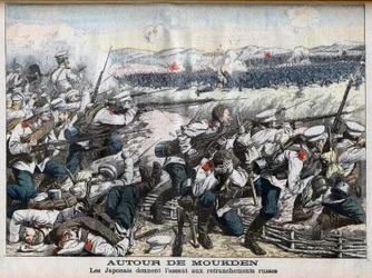 Russian-Japanese war - Japanese attack on Russian trenches at Mukden, Russian-Japanese War. Illustration for Le petit Journal, 2 October 1904