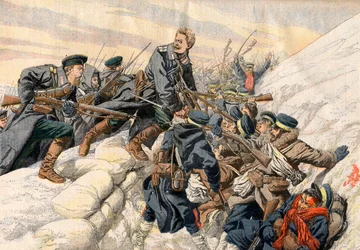 Russo-Japanese War - Fighting in the trenches at Port Arthur. The heroic death of Russian Lieutenant Alexander. Illustration for Le Petit Journal