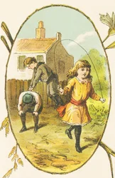 S: Suzanne has fun jumping a rope while her brothers Sylvestre and Simon play Saute-Mouton