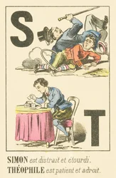 S T: Simon is distracted and dizzy Theophile is patient and skilfull