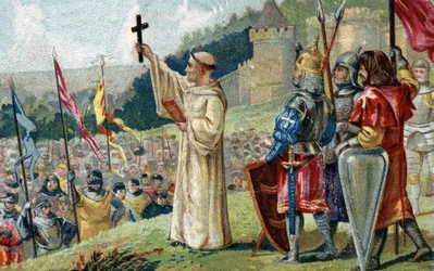 Saint Bernard of Clairvaux preaching the Second Crusade in the presence of King Louis VII and Queen Alienor of Aquitaine and Abbe Suger, in Vezelay in Burgundy on 31 March 1146