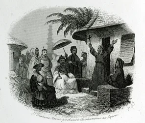 Saint Francois Xavier preaching Christianity in Japan. Engraving to illustrate 
