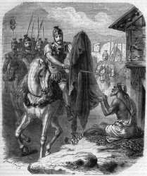 Saint Martin of Tours making two pieces of his coat to give it to a poor man. Engraving in Histoire des Papes-Rois-Queen and Empereurs a travers les centuries by Maurice Lachatre