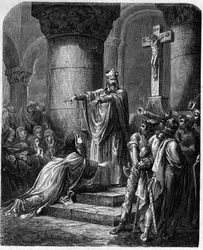 Saint Medard of Noyon (died 560) offering religious clothing to Saint Radegonde (ca. 520-587) wife of King Clothaire.