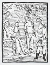 Saint Reine is Tortured, Her Skin Torn by Iron Combs, at the Command of Olibre, for Refusing to Deny Her Faith