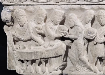 Salome presenting the head of St. John the Baptist at the feast of Herod, detail from a relief on a capital (detail)
