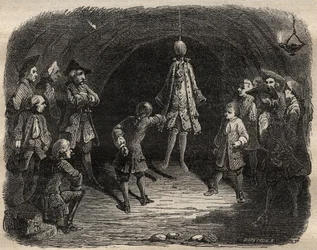 School of thieves created by the brigand Louis Dominique Garthausen dit Cartridge (1693-1721) in a career in Paris: a model hung from the ceiling whose pockets should be emptied without moving under penalty of receiving a rain of shots