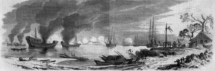 Second Opium War between France, England and China (1858-1860): Chinese junks loaded with incendiary materials launched against the English and French fleets. China.