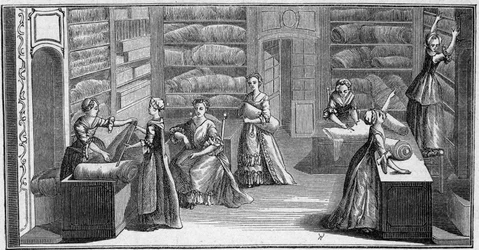 Shop of a fashion merchant in the 18th century. Engraving in La Marine et les colonies: commerce