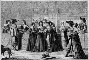 Shops in the Galerie du Palais (Paris), mid-17th century. From left to right: a bookstore, a haberdashery shop, and a shop of fans, gloves, and laces. Engraving by Foulquier in 